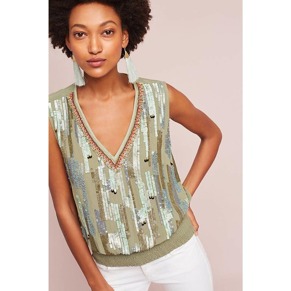 NWOT ANTHROPOLOGIE BLANK ARIANNA BEADED V-NECK TOP, sz L - Picture 3 of 8